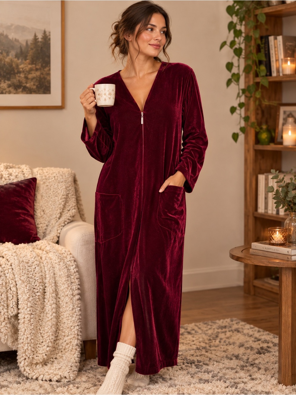 DIAMOND TEA Vintage Burgundy Velvet Maxi Robe Lounge Dress - Size L